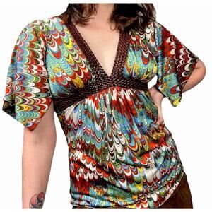 VNTG Y2K Sky 100% Silk Abstract Boho Hippie Funky Blouse Leather Women’s Small